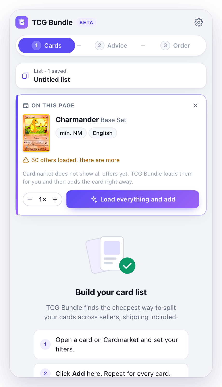 Side panel next to a Cardmarket card with the Load everything and add button