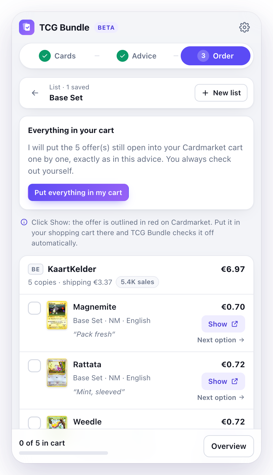 Order screen with the Put everything in my cart button