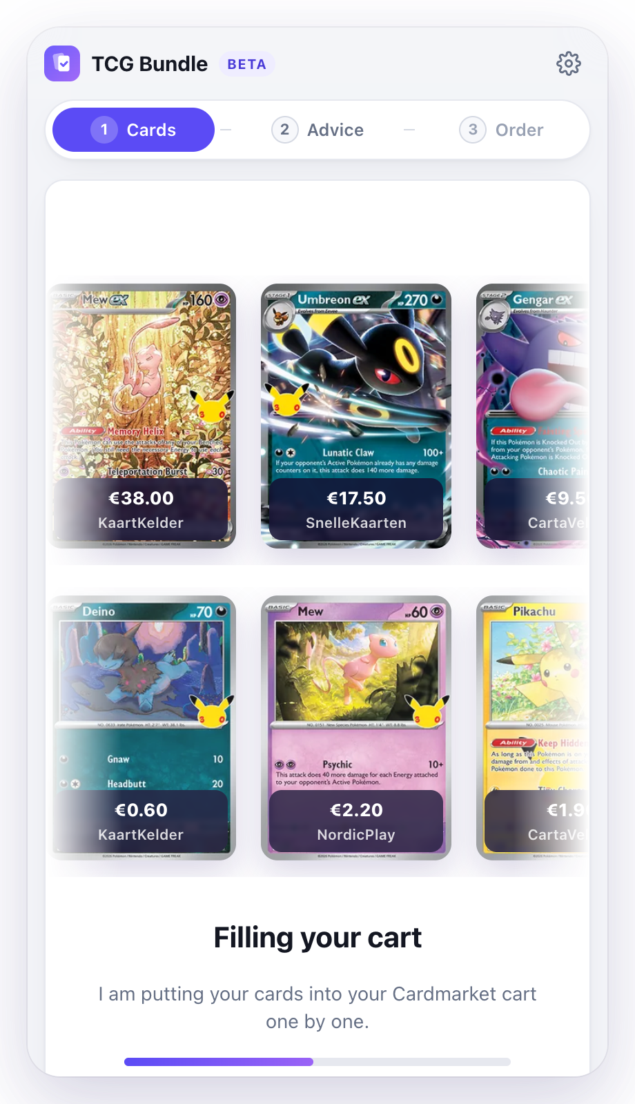 Loading screen with your own cards while TCG Bundle fills the cart, with the price and seller per card
