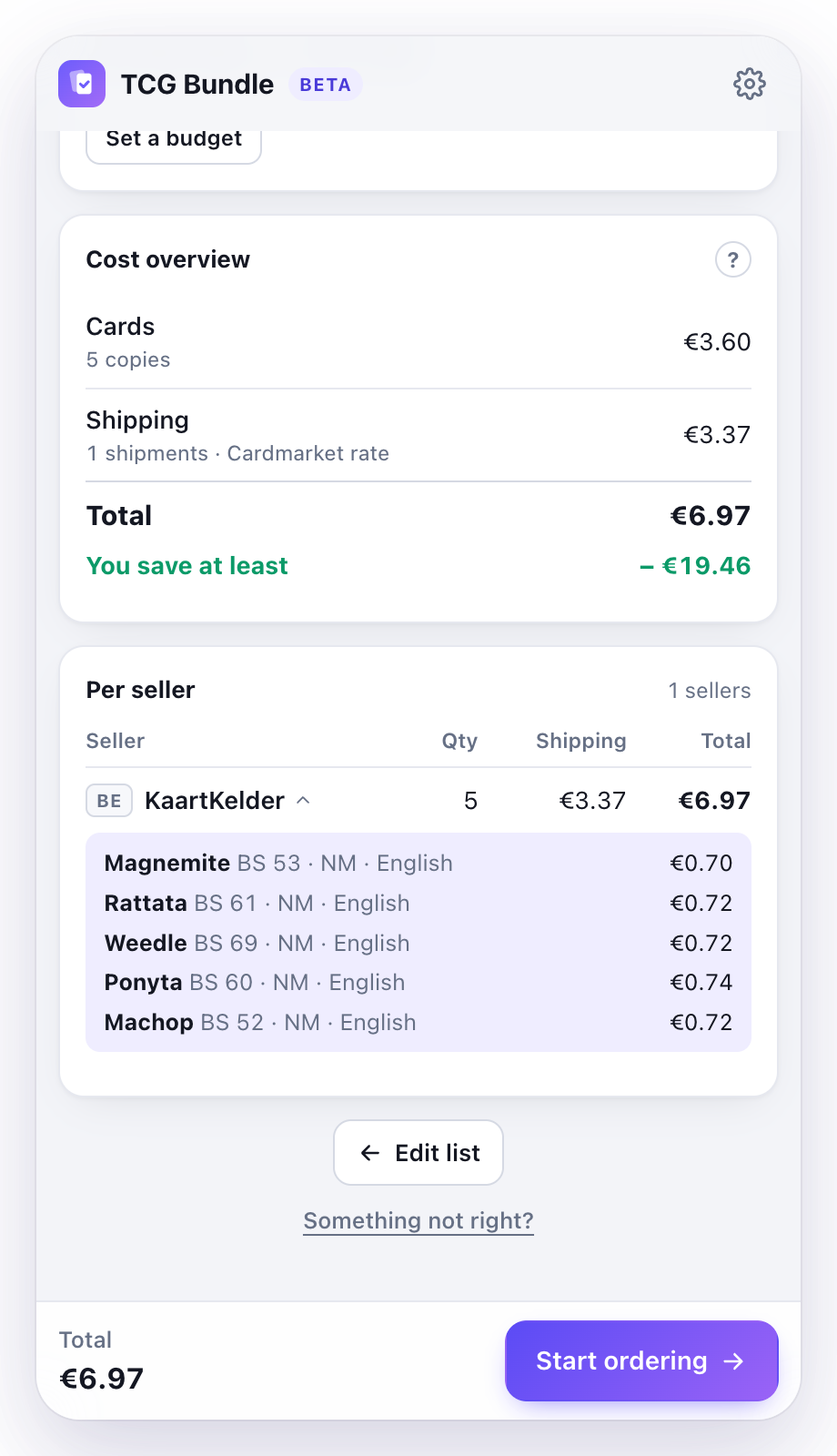 Cost overview and, per seller, the cards you buy there