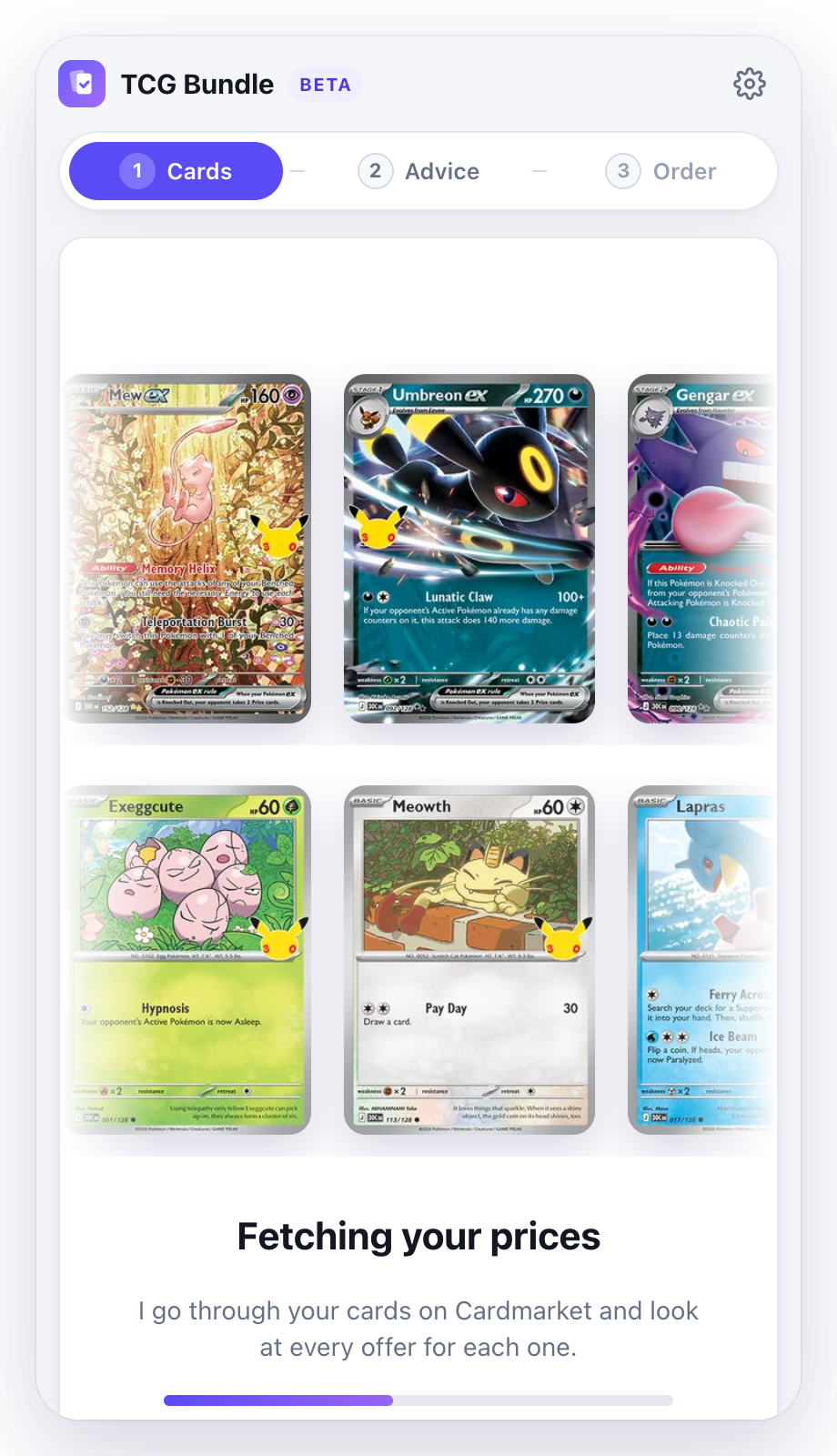 TCG Bundle fetching the latest prices of your cards, with progress
