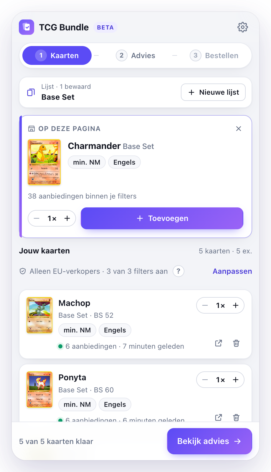 Zijpaneel met een lijst van vijf kaarten en de knop Bekijk advies