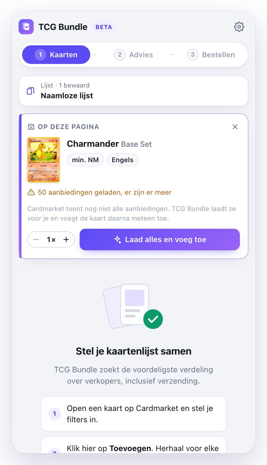 Zijpaneel naast een Cardmarket-kaart met de knop Laad alles en voeg toe