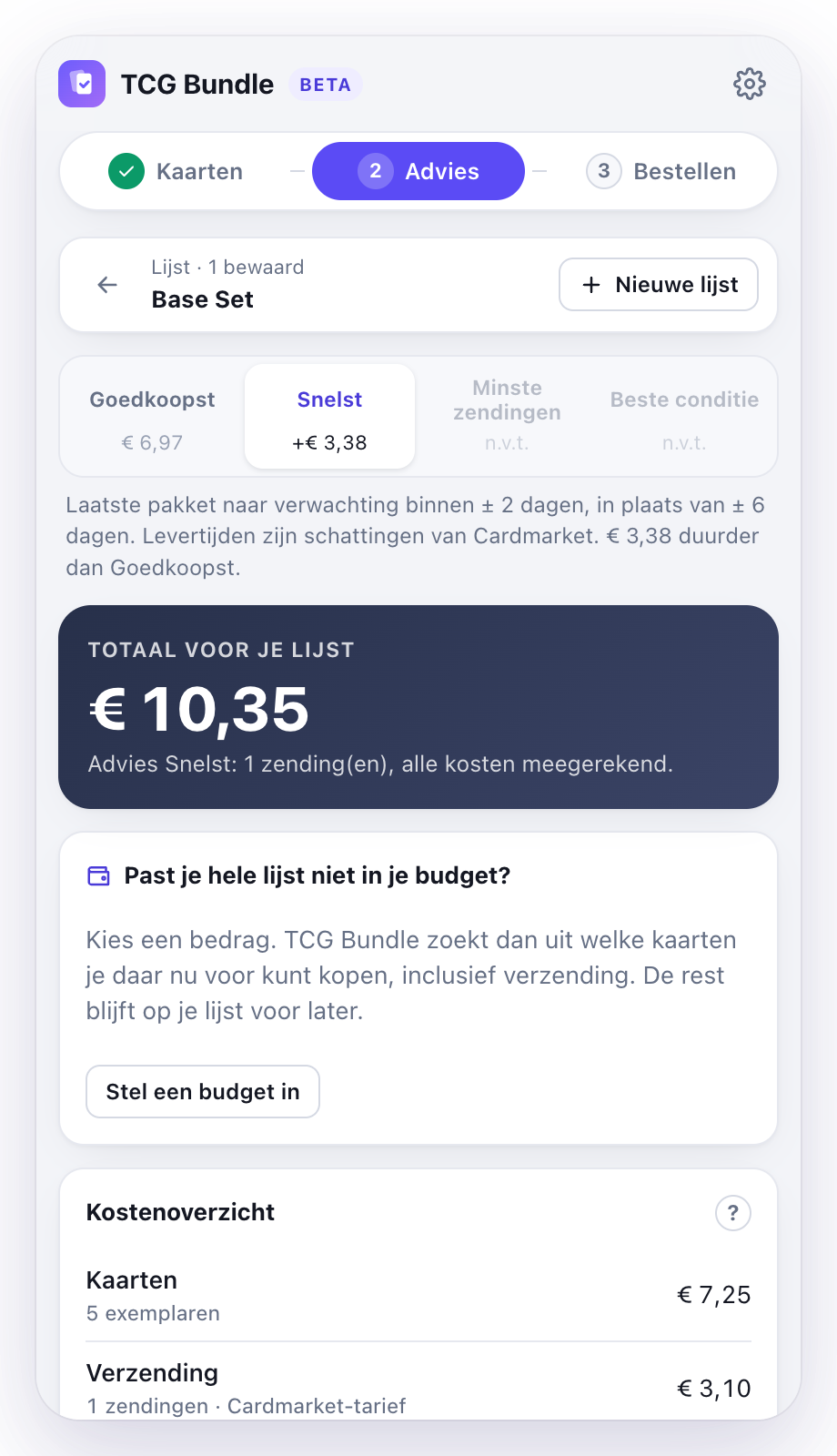 Advies met vier keuzes, met Snelst geselecteerd