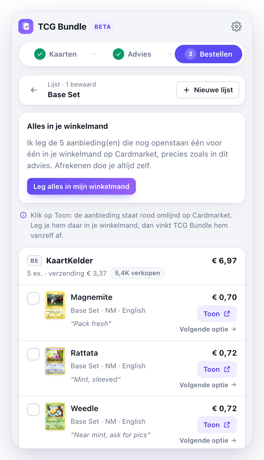 Bestelscherm met de knop Leg alles in mijn winkelmand