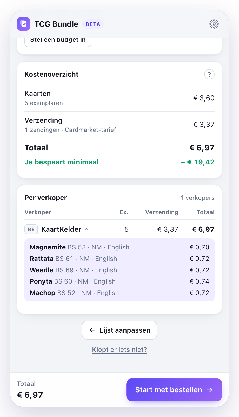 Kostenoverzicht en per verkoper de kaarten die je daar koopt